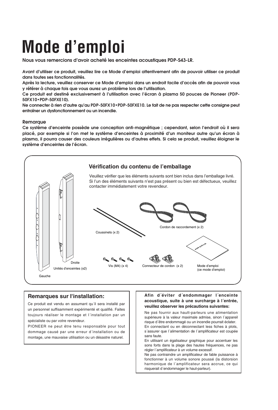 Mode d’emploi, Vérification du contenu de l’emballage, Remarques sur i'installation | Pioneer PDP-S43-LR User Manual | Page 10 / 30