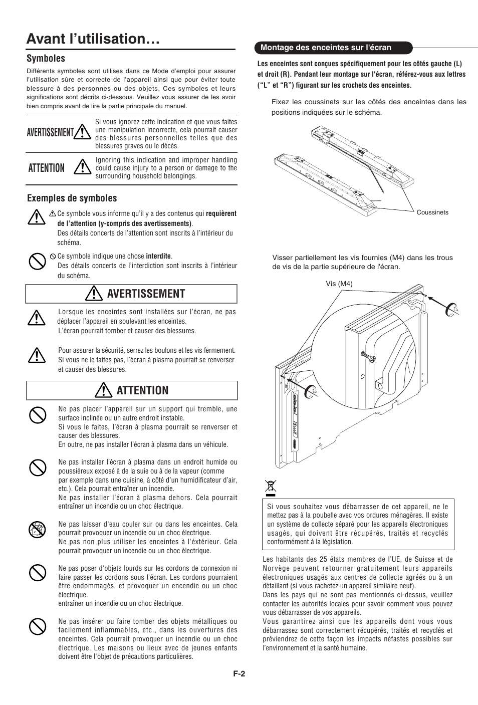 Avant l’utilisation, Avertissement attention avertissement, Attention | Pioneer PDP-S43-LR User Manual | Page 11 / 30