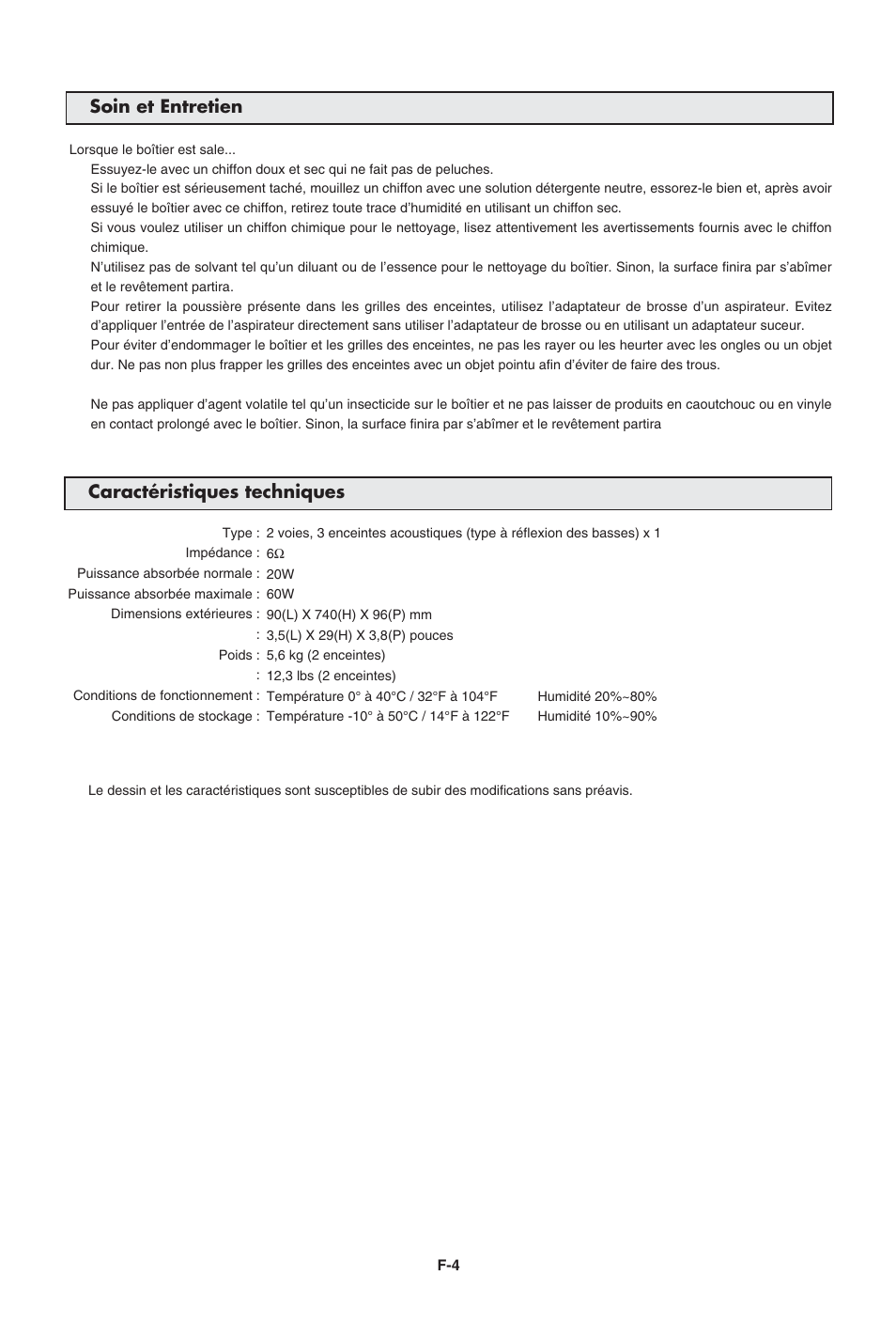 Soin et entretien caractéristiques techniques | Pioneer PDP-S43-LR User Manual | Page 13 / 30