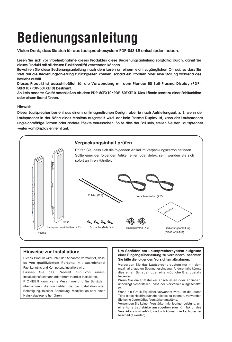Bedienungsanleitung, Verpackungsinhalt prüfen, Hinweise zur installation | Pioneer PDP-S43-LR User Manual | Page 14 / 30