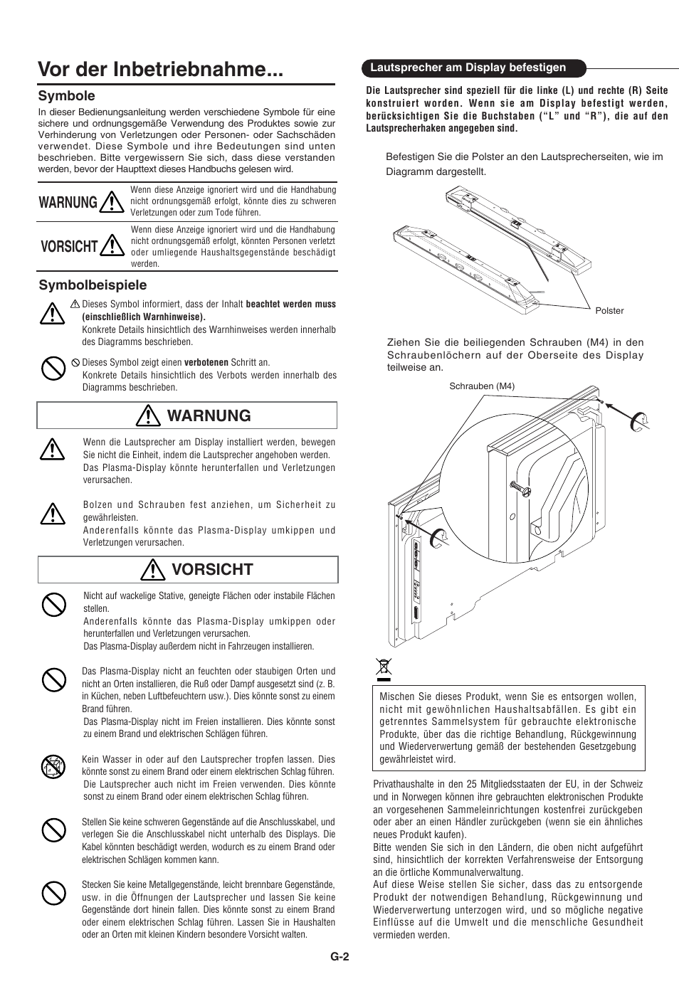 Vor der inbetriebnahme, Warnung, Vorsicht | Symbolbeispiele, Symbole | Pioneer PDP-S43-LR User Manual | Page 15 / 30