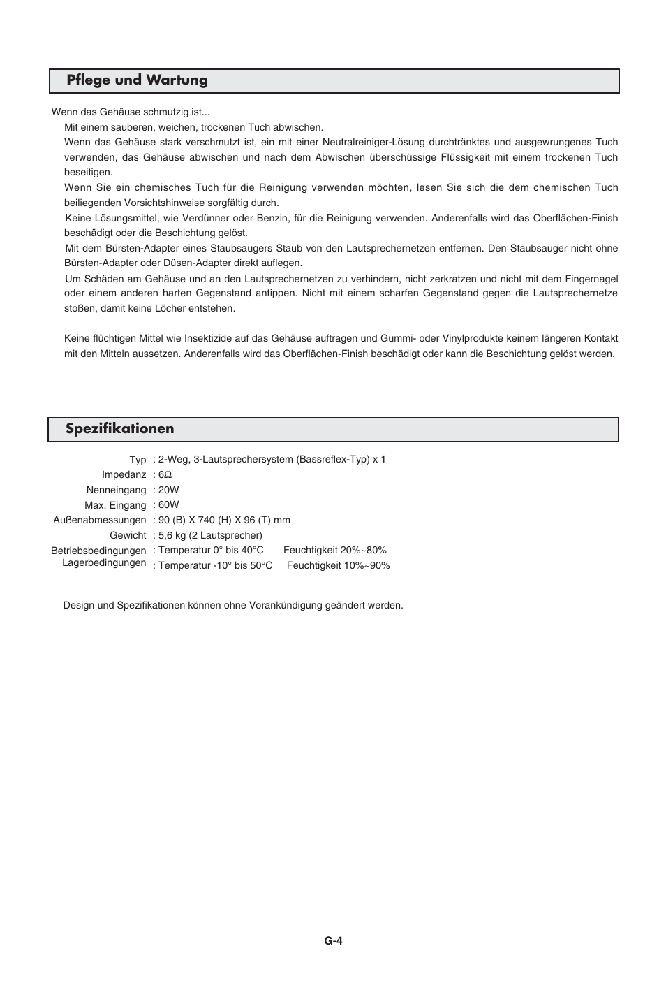 Pflege und wartung spezifikationen | Pioneer PDP-S43-LR User Manual | Page 17 / 30
