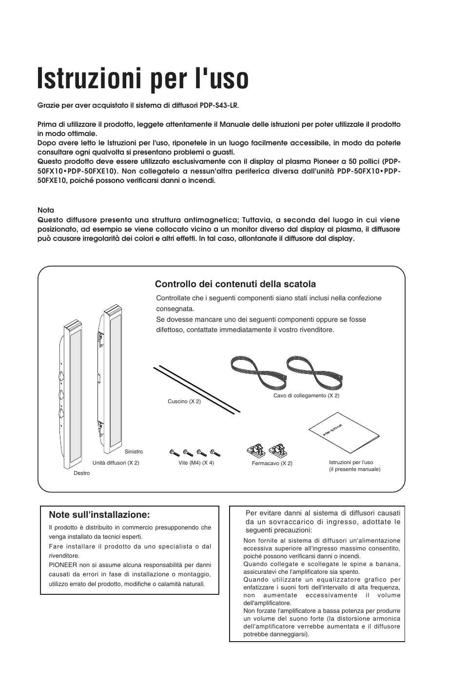 Istruzioni per l'uso, Controllo dei contenuti della scatola | Pioneer PDP-S43-LR User Manual | Page 18 / 30