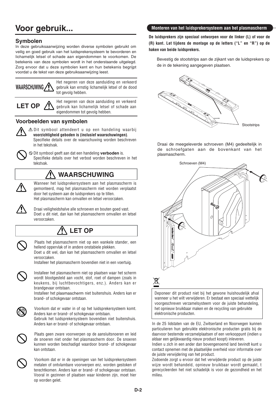 Voor gebruik, Waarschuwing, Let op | Voorbeelden van symbolen, Symbolen | Pioneer PDP-S43-LR User Manual | Page 23 / 30