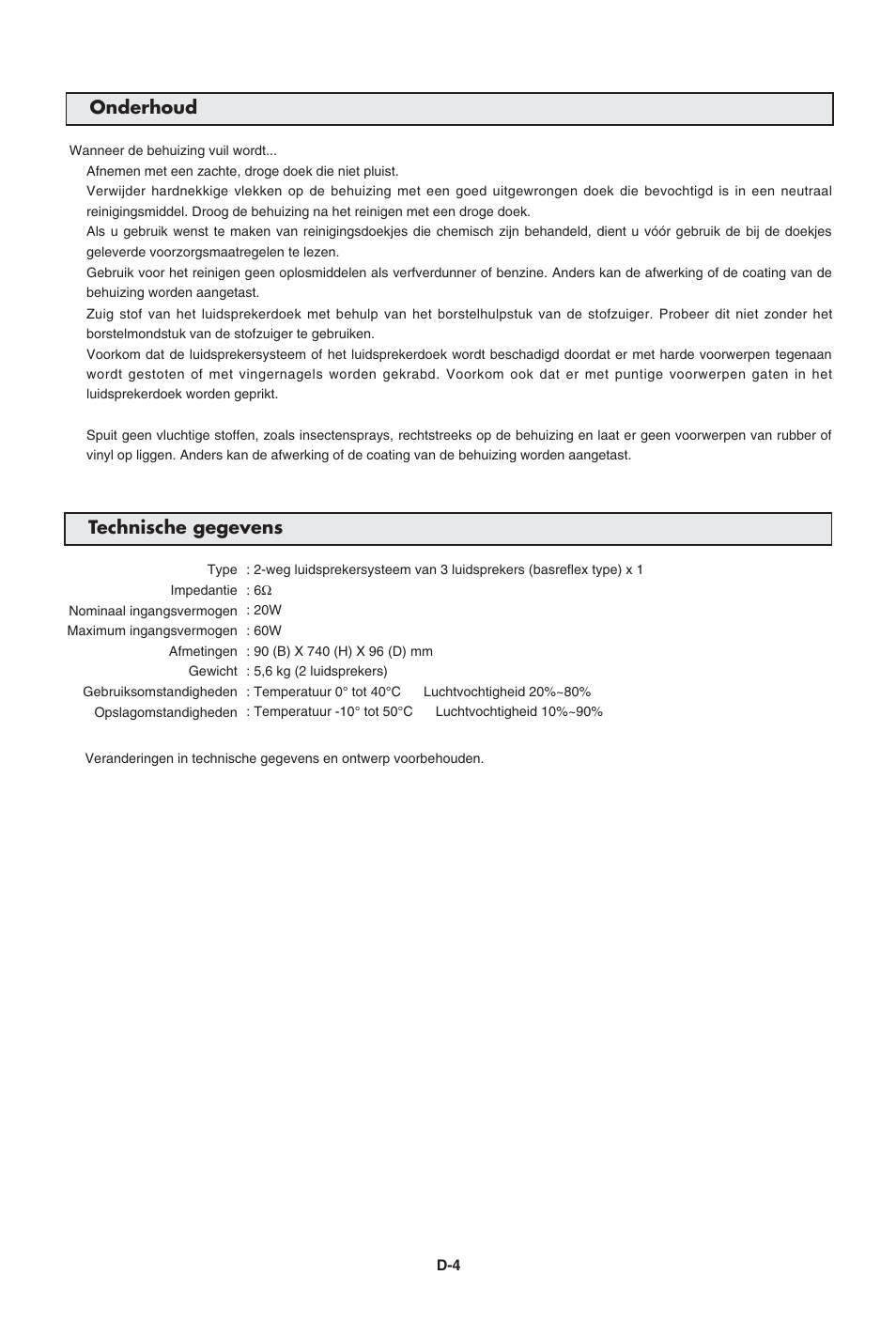 Onderhoud technische gegevens | Pioneer PDP-S43-LR User Manual | Page 25 / 30