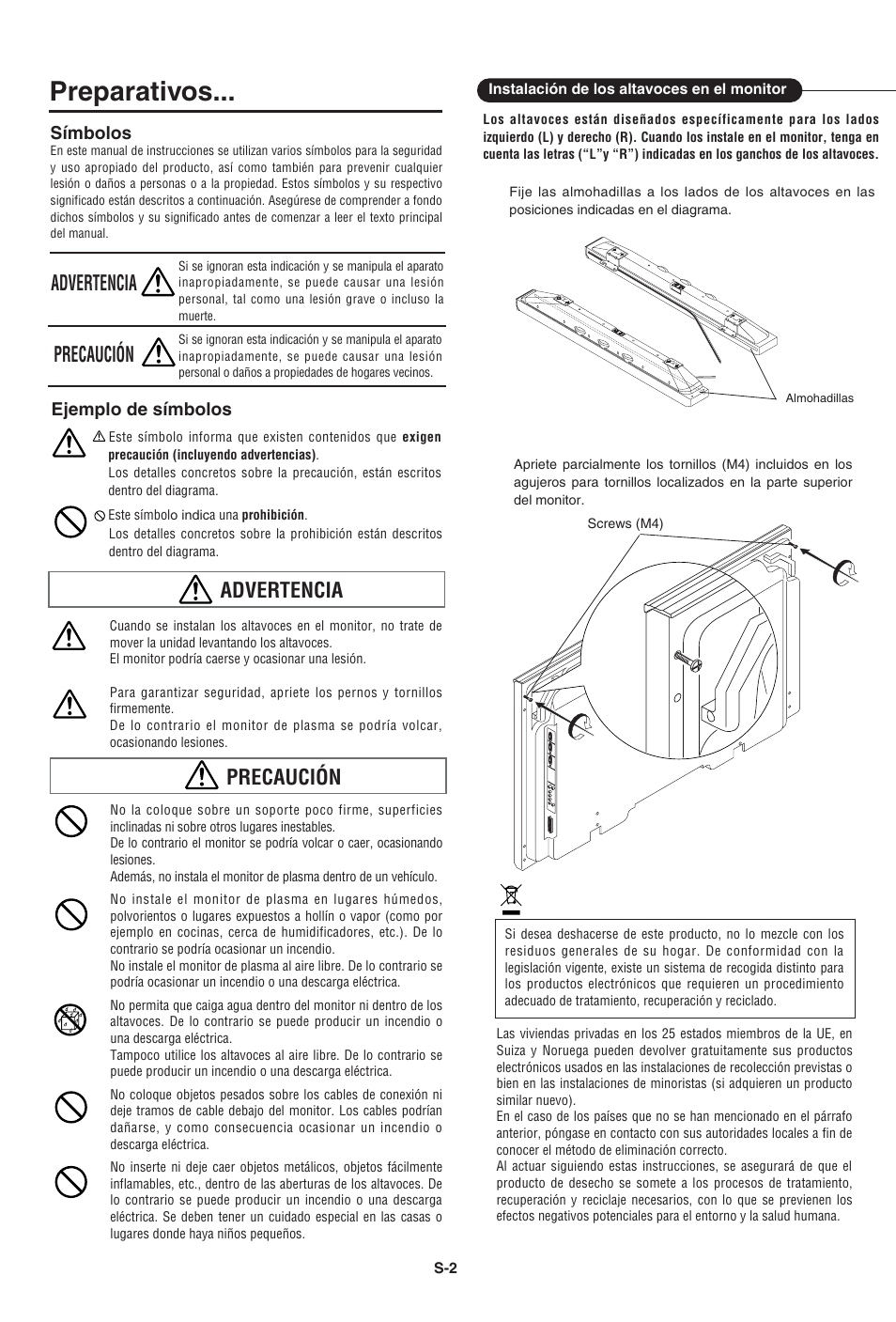 Preparativos, Advertencia, Precaución | Pioneer PDP-S43-LR User Manual | Page 27 / 30