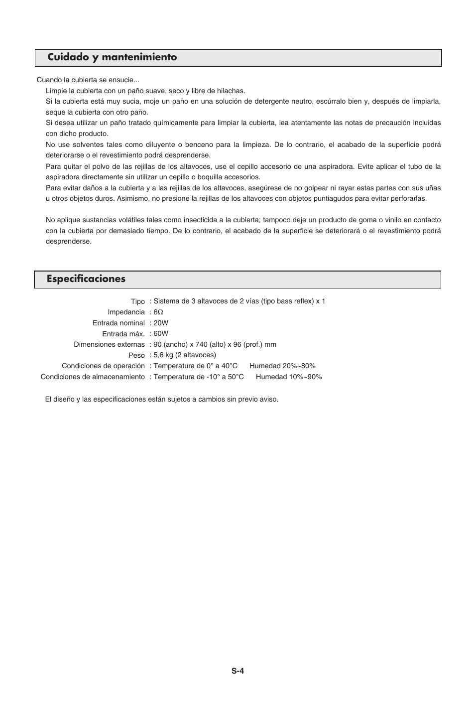 Cuidado y mantenimiento especificaciones | Pioneer PDP-S43-LR User Manual | Page 29 / 30