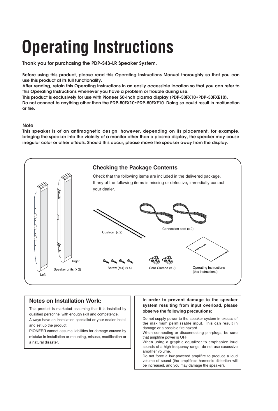 Operating instructions, Checking the package contents | Pioneer PDP-S43-LR User Manual | Page 6 / 30