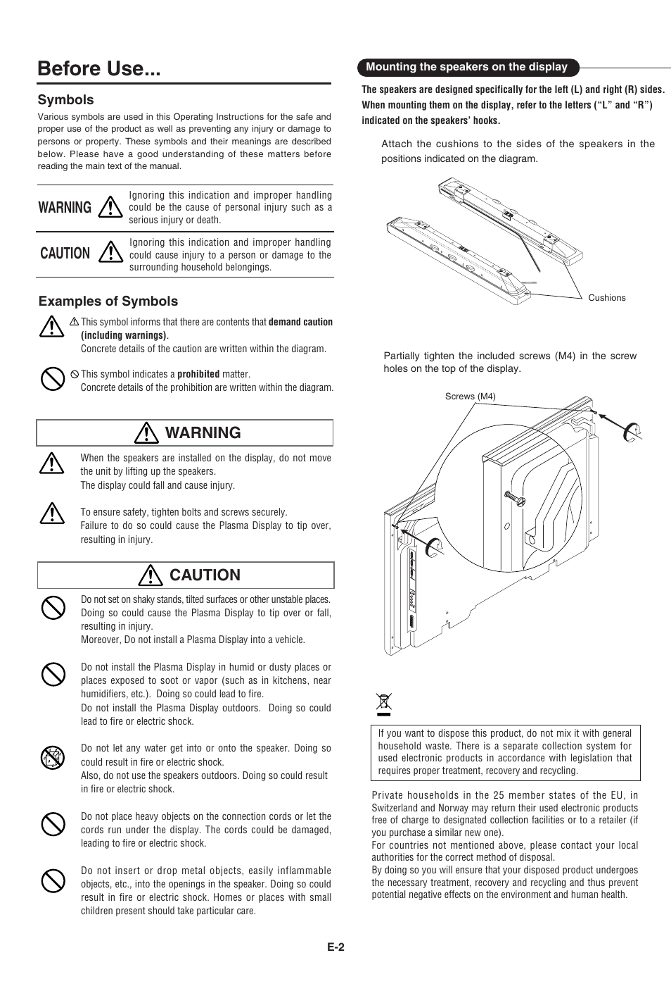 Before use, Warning, Caution | Pioneer PDP-S43-LR User Manual | Page 7 / 30