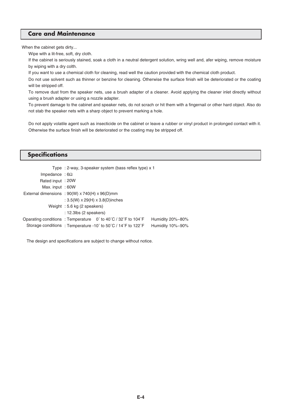 Care and maintenance specifications | Pioneer PDP-S43-LR User Manual | Page 9 / 30