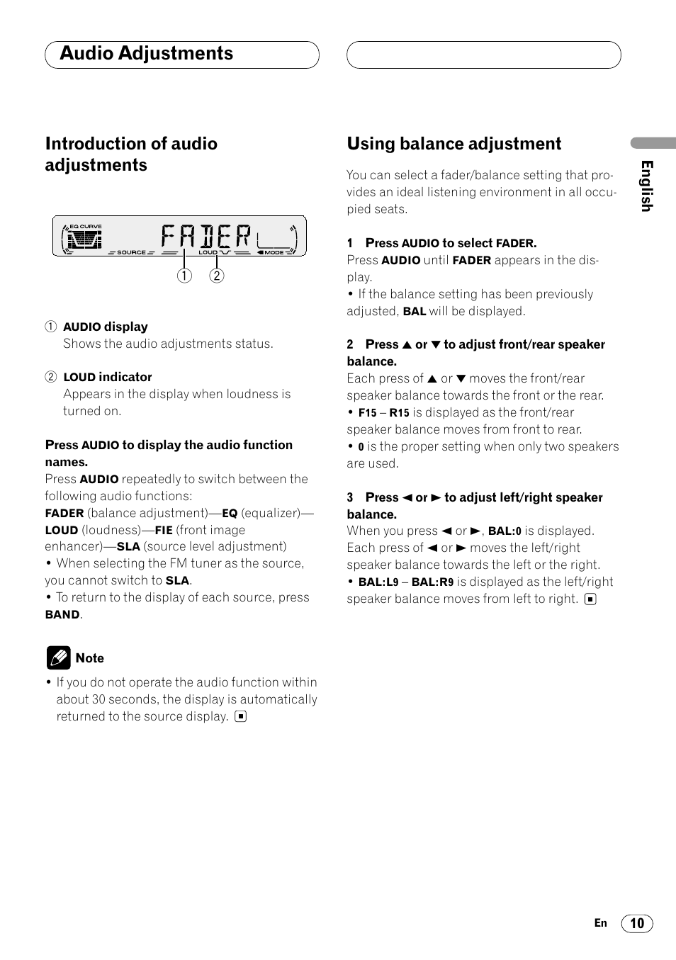 Audio adjustments, Introduction of audio adjustments, Using balance adjustment | Pioneer DEH-14 User Manual | Page 11 / 52