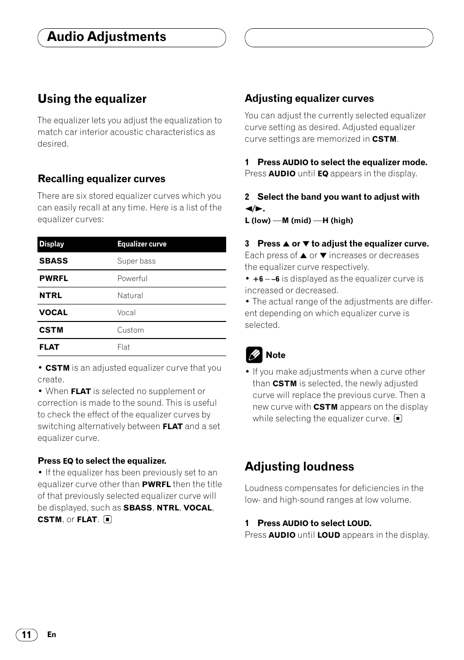 Using the equalizer 11, Adjusting loudness 11, Audio adjustments | Using the equalizer, Adjusting loudness, Recalling equalizer curves, Adjusting equalizer curves | Pioneer DEH-14 User Manual | Page 12 / 52