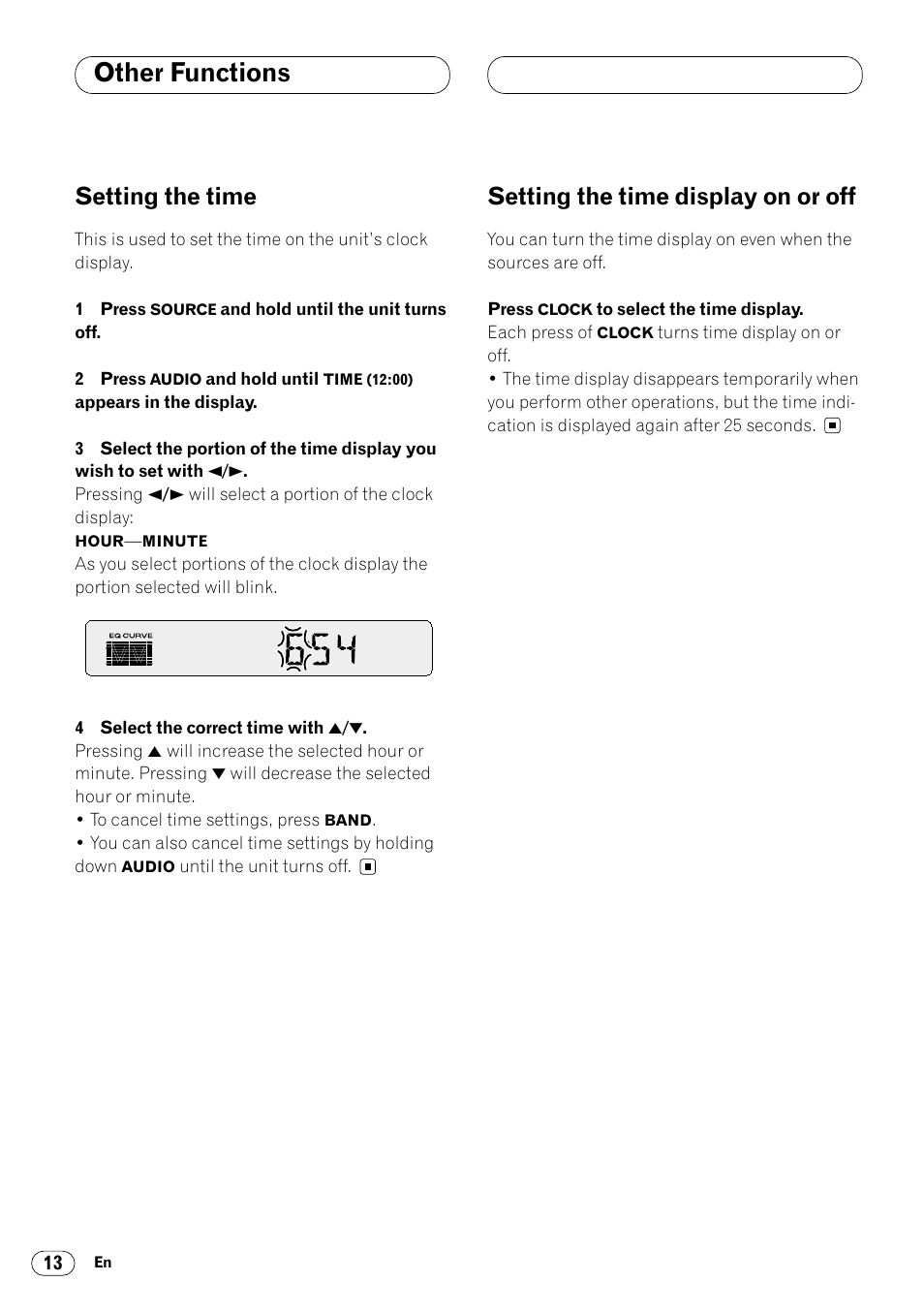 Other functions, Setting the time, Setting the time display on or off | Pioneer DEH-14 User Manual | Page 14 / 52