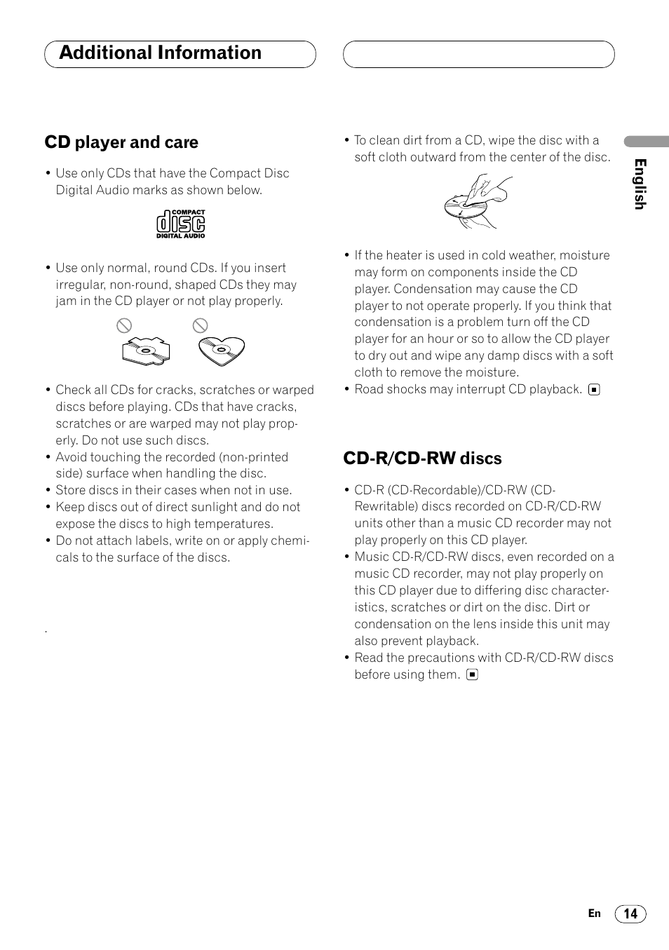 Additional information, Cd player and care 14 cd-r/cd-rw discs 14, Cd player and care | Cd-r/cd-rw discs | Pioneer DEH-14 User Manual | Page 15 / 52