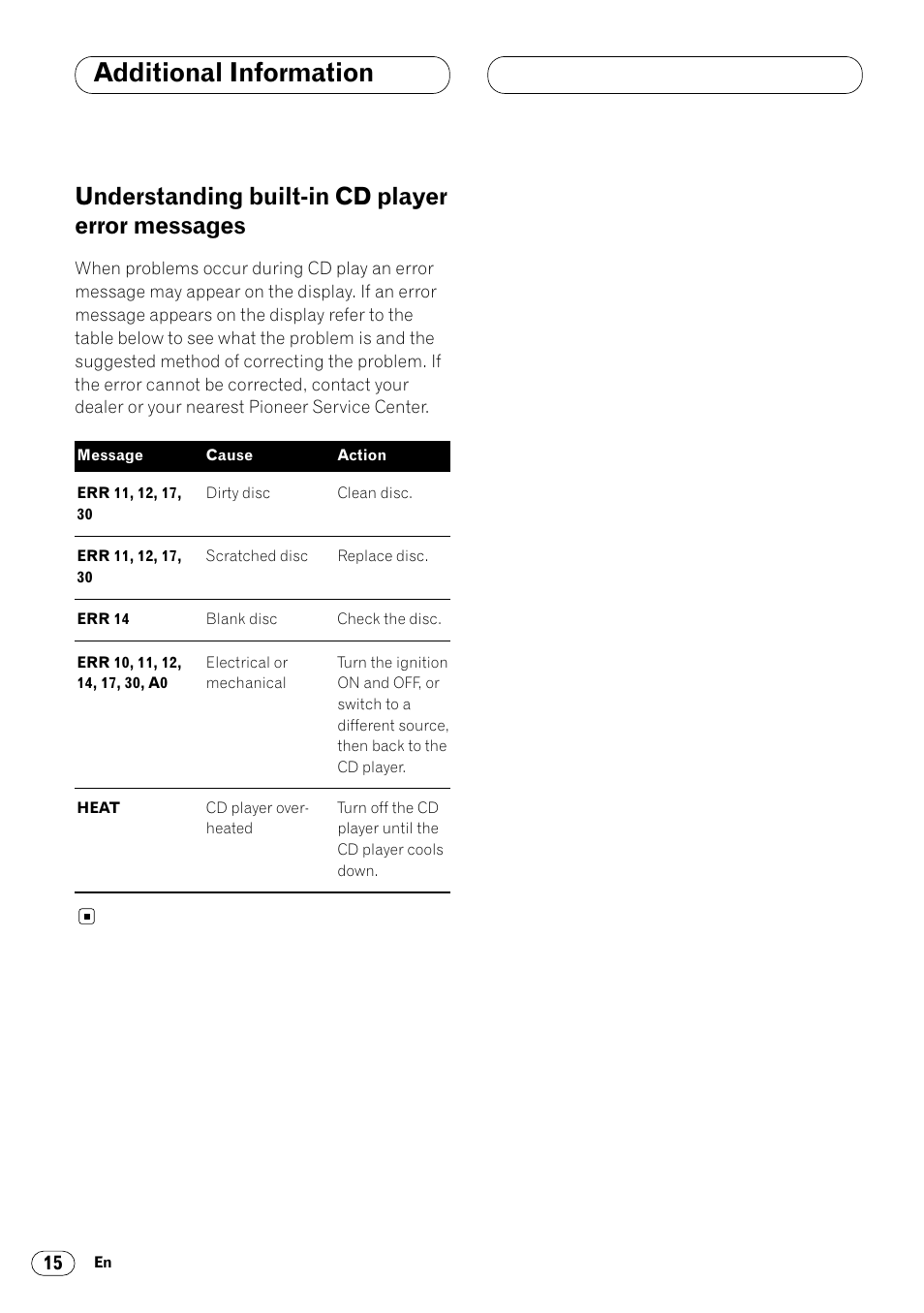 Understanding built-in cd player error mes, Sages 15, Additional information | Understanding built-in cd player error messages | Pioneer DEH-14 User Manual | Page 16 / 52