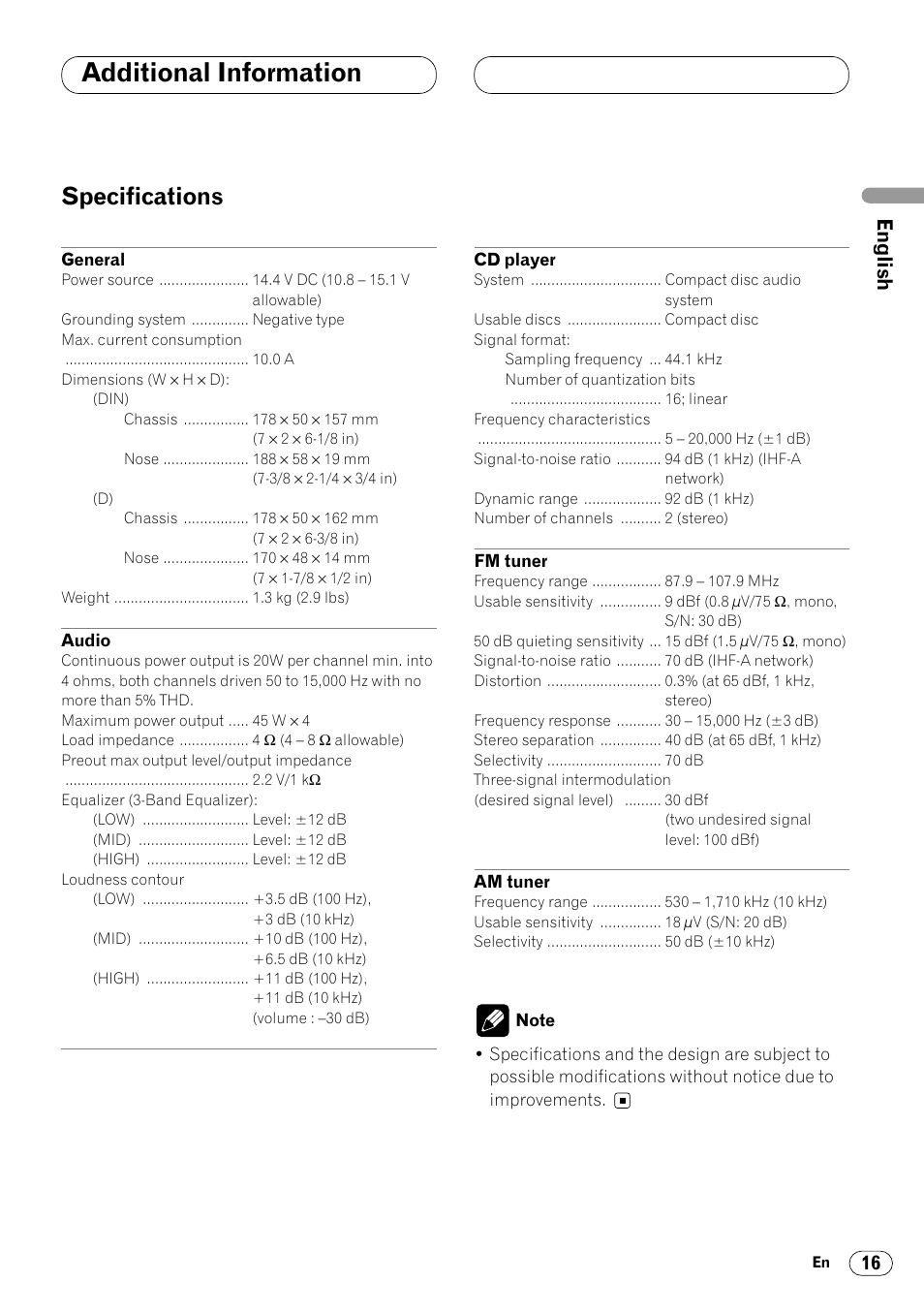 Specifications 16, Additional information, Specifications | Pioneer DEH-14 User Manual | Page 17 / 52