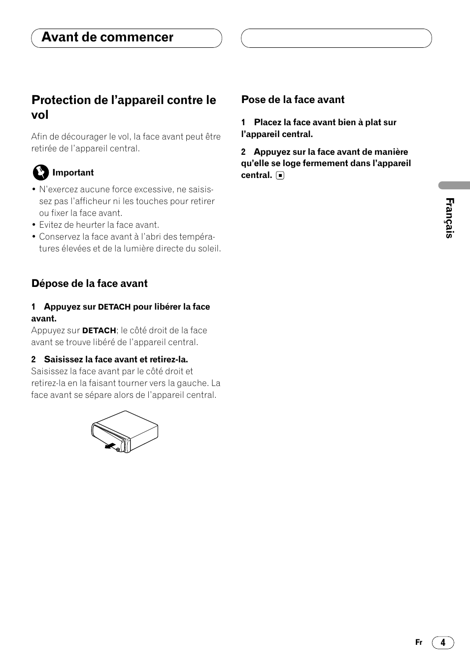 Protection de l’appareil contre le vol 4, Avant de commencer, Protection de l’appareil contre le vol | Pioneer DEH-14 User Manual | Page 21 / 52