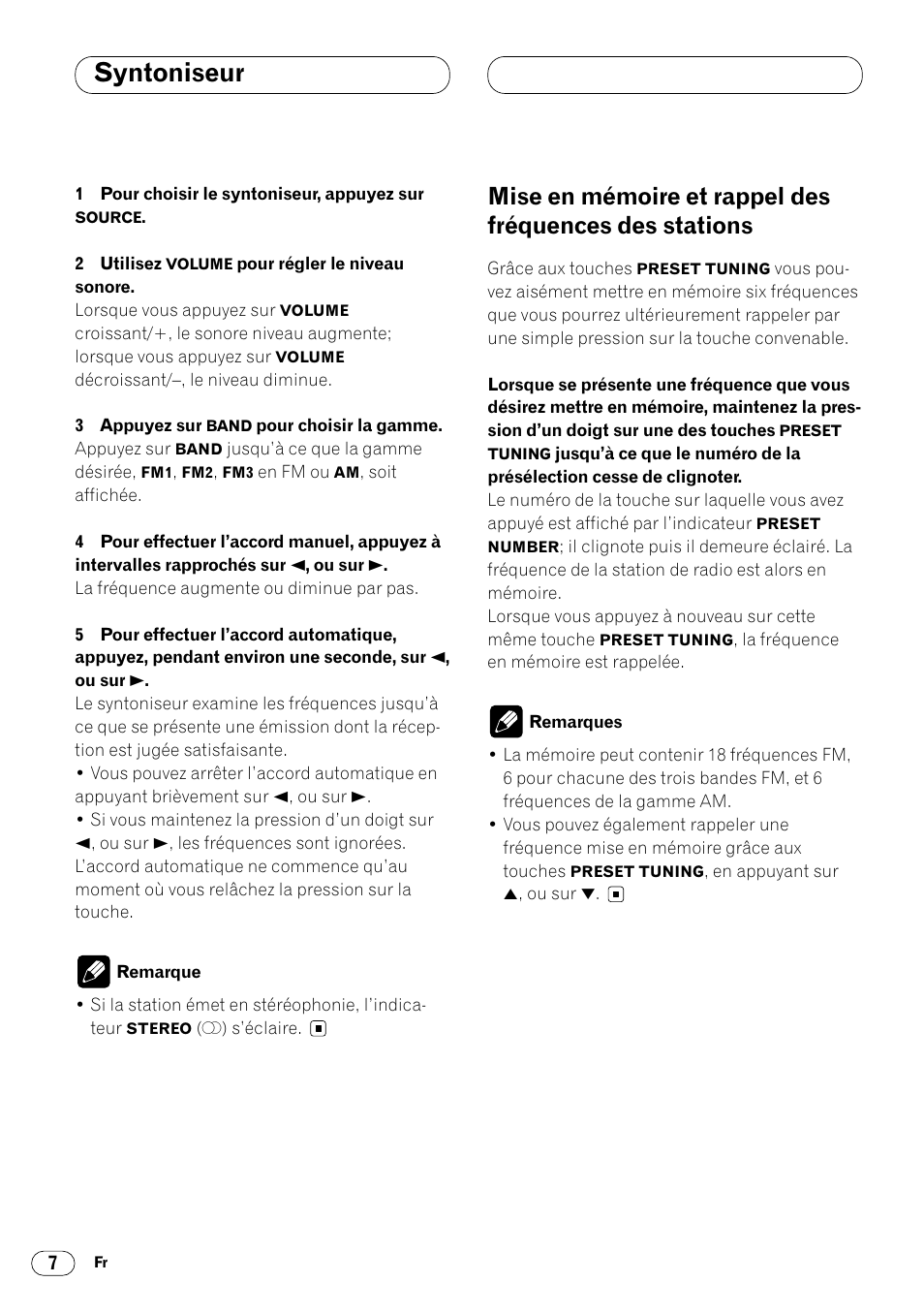 Mise en mémoire et rappel des fréquences, Des stations 7, Syntoniseur | Pioneer DEH-14 User Manual | Page 24 / 52