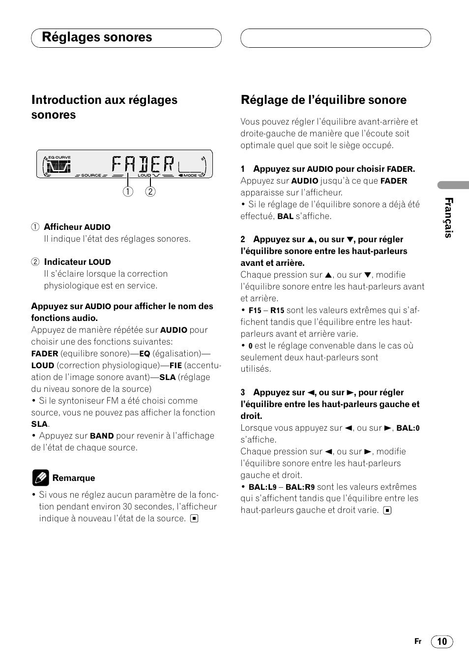Réglages sonores, Introduction aux réglages sonores, Réglage de l’équilibre sonore | Pioneer DEH-14 User Manual | Page 27 / 52