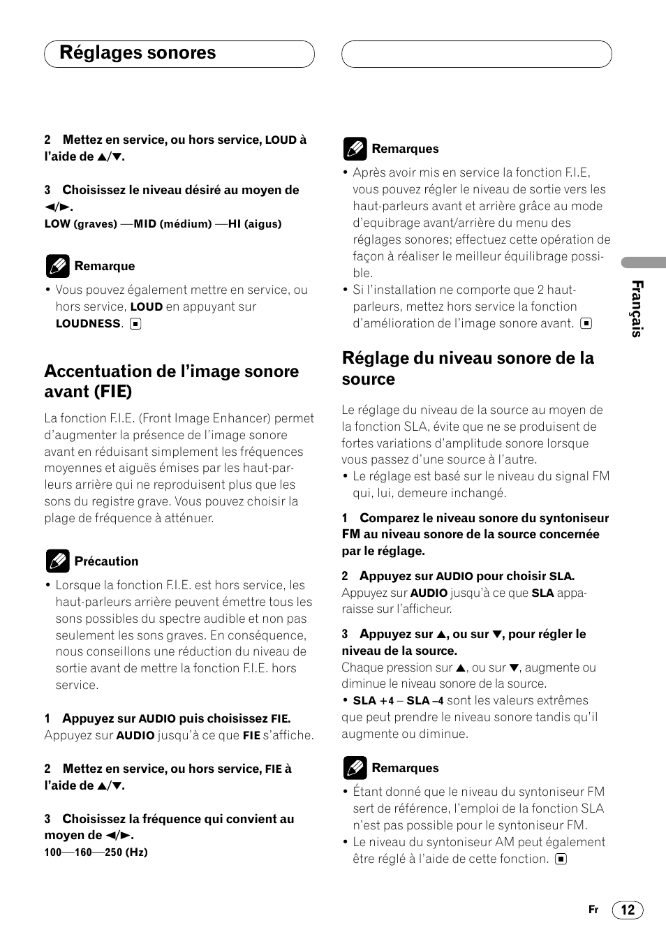 Accentuation de l’image sonore avant, Fie) 12, Réglage du niveau sonore de la source 12 | Réglages sonores, Accentuation de l’image sonore avant (fie), Réglage du niveau sonore de la source | Pioneer DEH-14 User Manual | Page 29 / 52