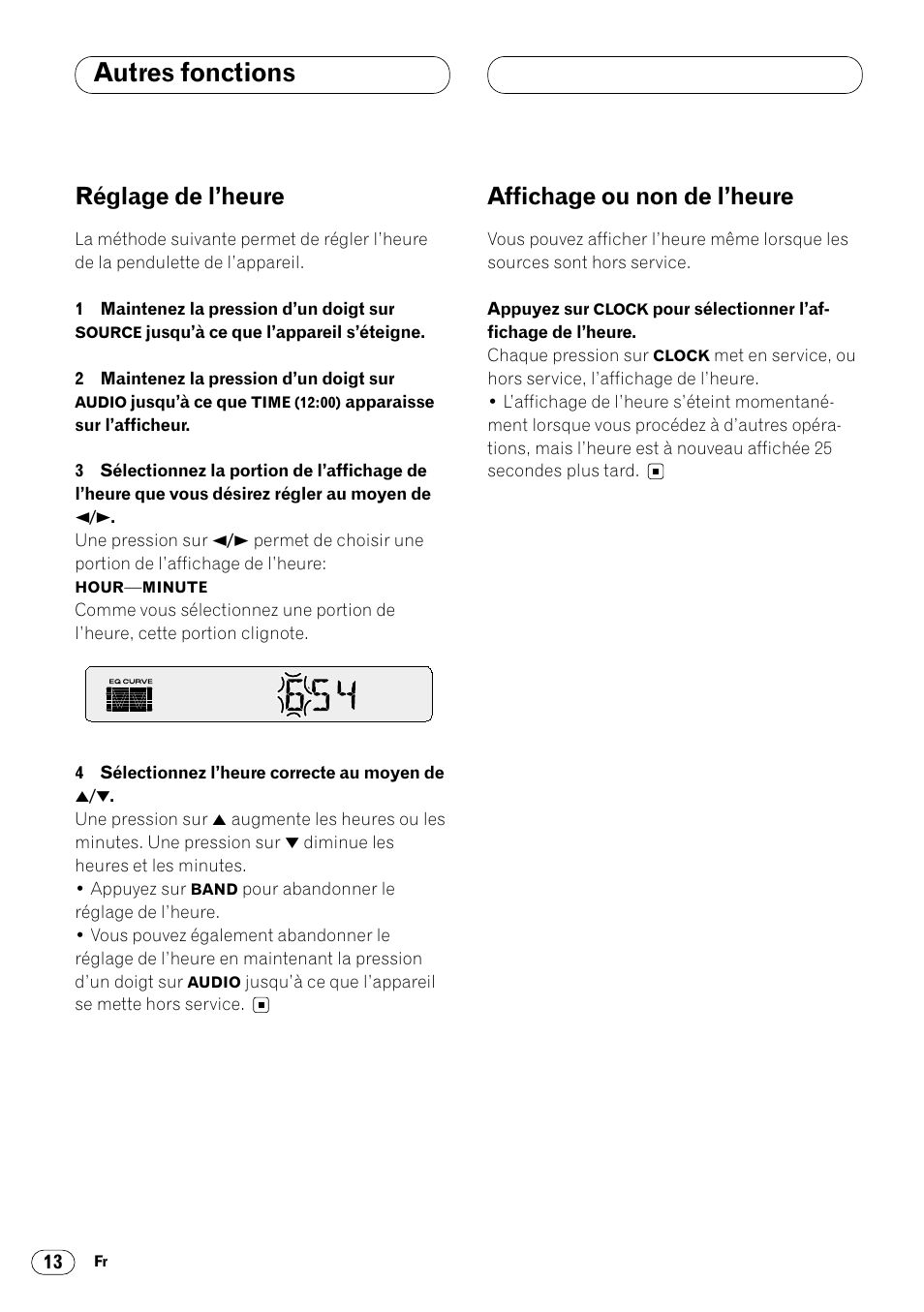 Autres fonctions, Réglage de l’heure, Affichage ou non de l’heure | Pioneer DEH-14 User Manual | Page 30 / 52