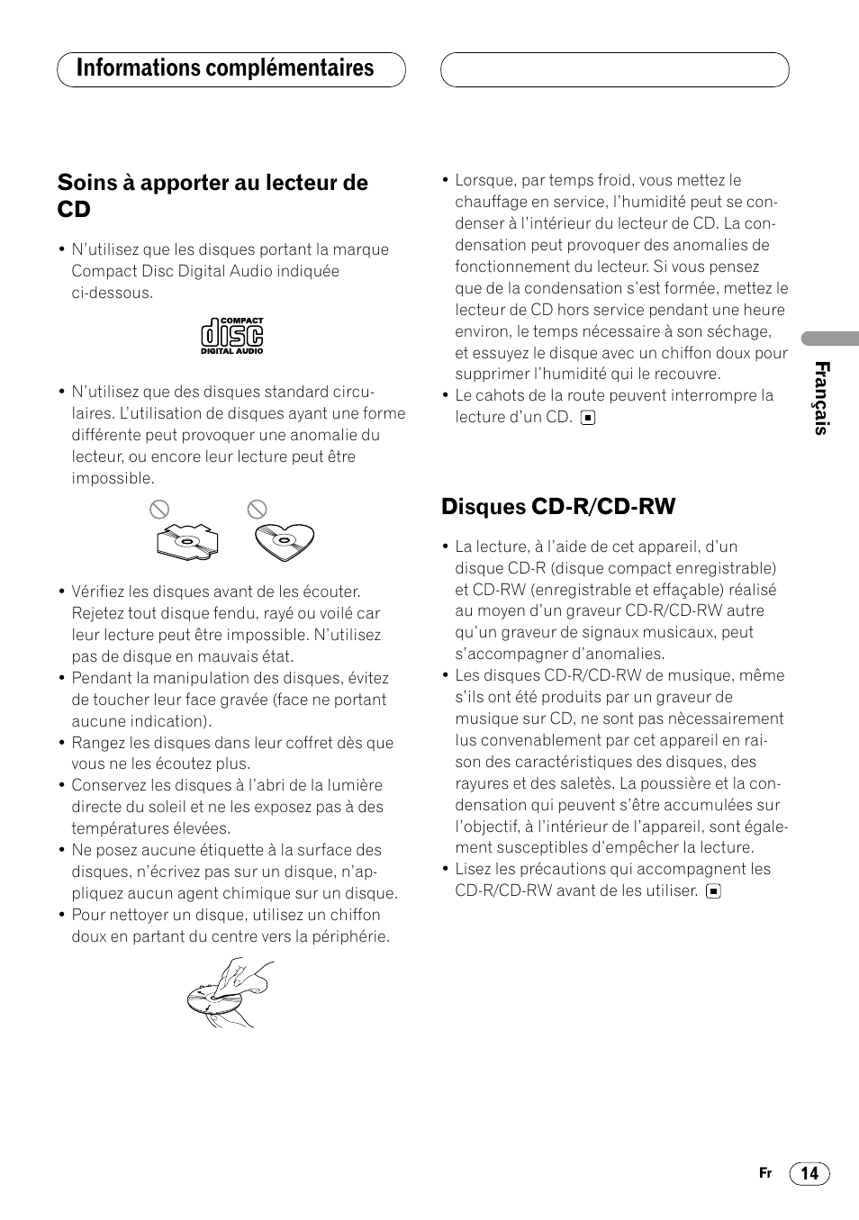 Informations complémentaires, Soins à apporter au lecteur de cd, Disques cd-r/cd-rw | Pioneer DEH-14 User Manual | Page 31 / 52