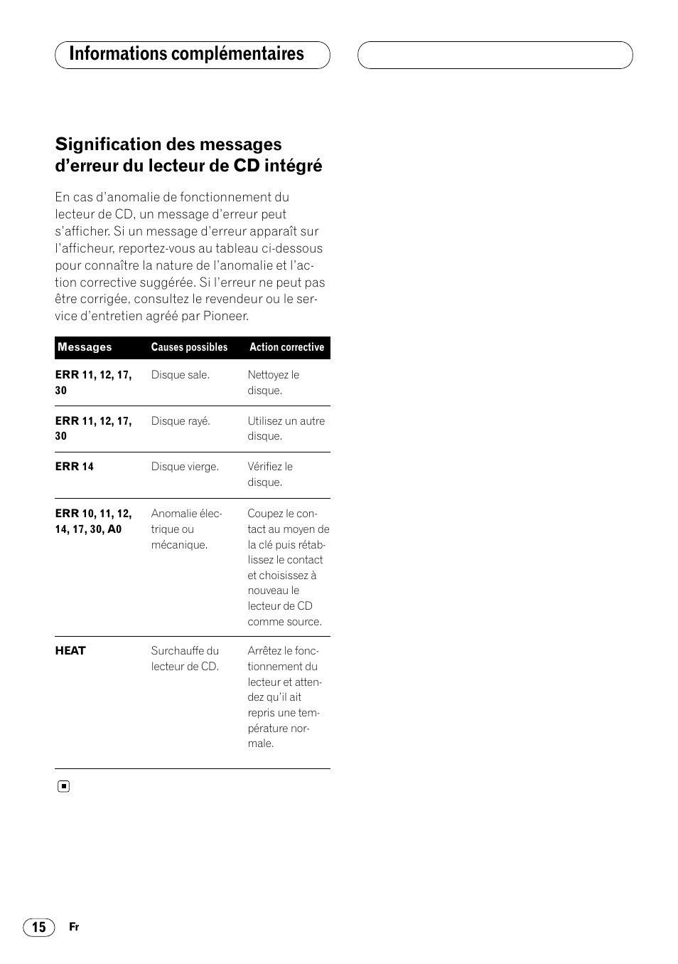 Signification des messages d’erreur du, Lecteur de cd intégré 15, Informations complémentaires | Pioneer DEH-14 User Manual | Page 32 / 52