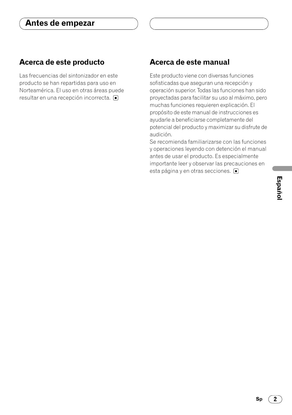 Antes de empezar, Acerca de este producto 2 acerca de este manual 2, Acerca de este producto | Acerca de este manual | Pioneer DEH-14 User Manual | Page 35 / 52