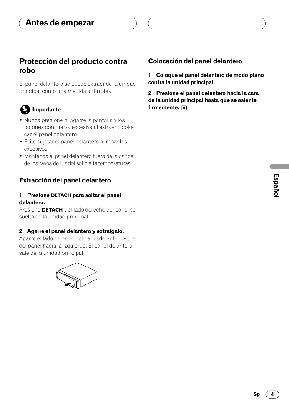 Protección del producto contra robo 4, Antes de empezar, Protección del producto contra robo | Pioneer DEH-14 User Manual | Page 37 / 52