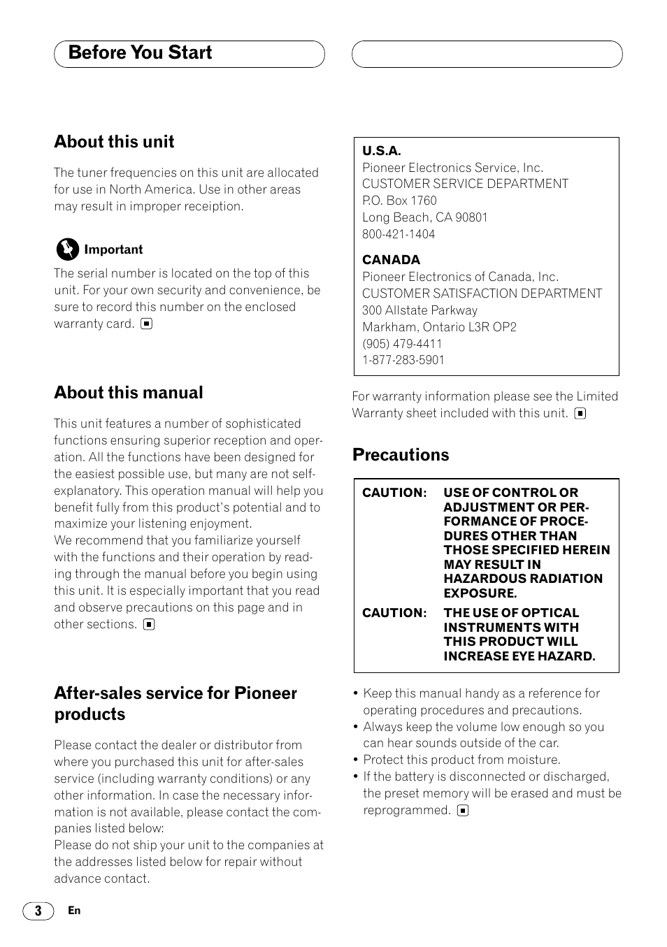 Before you start, About this unit, About this manual | After-sales service for pioneer products, Precautions | Pioneer DEH-14 User Manual | Page 4 / 52