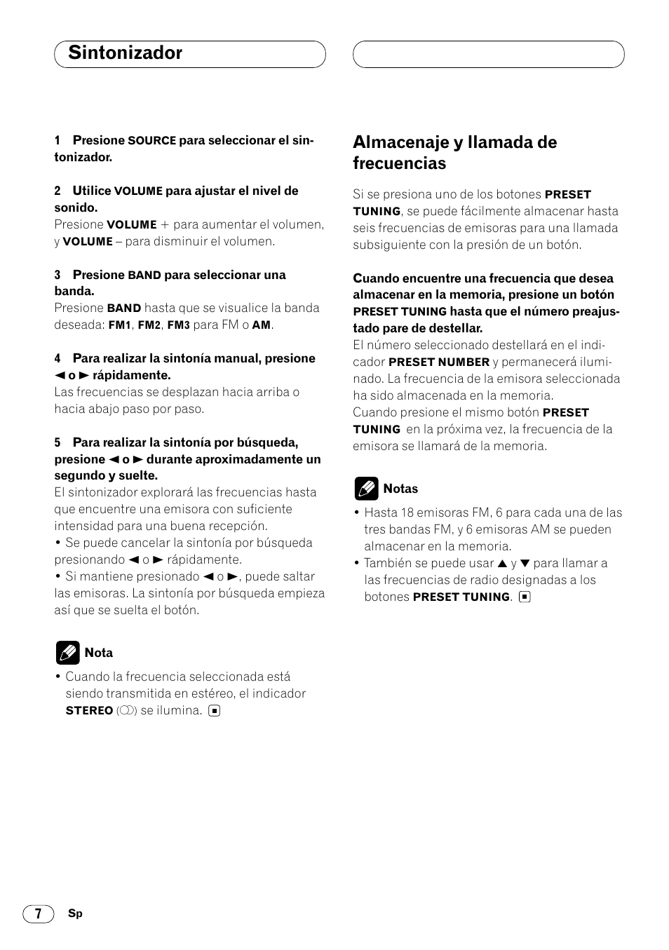 Almacenaje y llamada de frecuencias 7, Sintonizador, Almacenaje y llamada de frecuencias | Pioneer DEH-14 User Manual | Page 40 / 52