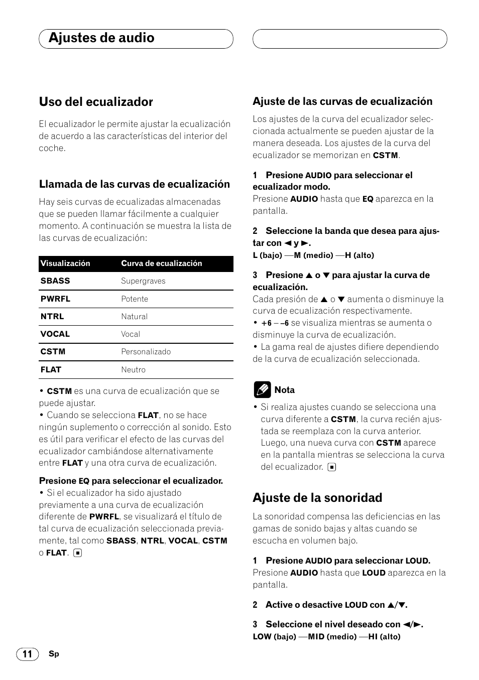 Uso del ecualizador 11, Llamada de las curvas de, Ecualización 11 | Ajuste de las curvas de ecualización 11, Ajuste de la sonoridad 11, Ajustes de audio, Uso del ecualizador, Ajuste de la sonoridad, Llamada de las curvas de ecualización, Ajuste de las curvas de ecualización | Pioneer DEH-14 User Manual | Page 44 / 52