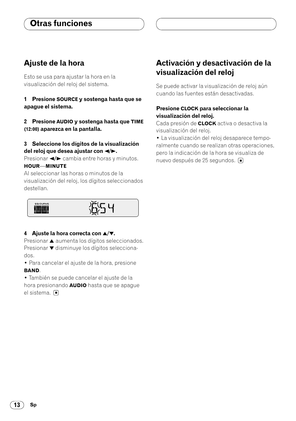 Otras funciones, Visualización del reloj 13, Ajuste de la hora | Pioneer DEH-14 User Manual | Page 46 / 52
