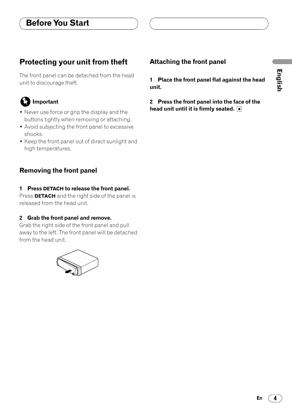 Protecting your unit from theft 4, Before you start, Protecting your unit from theft | Pioneer DEH-14 User Manual | Page 5 / 52