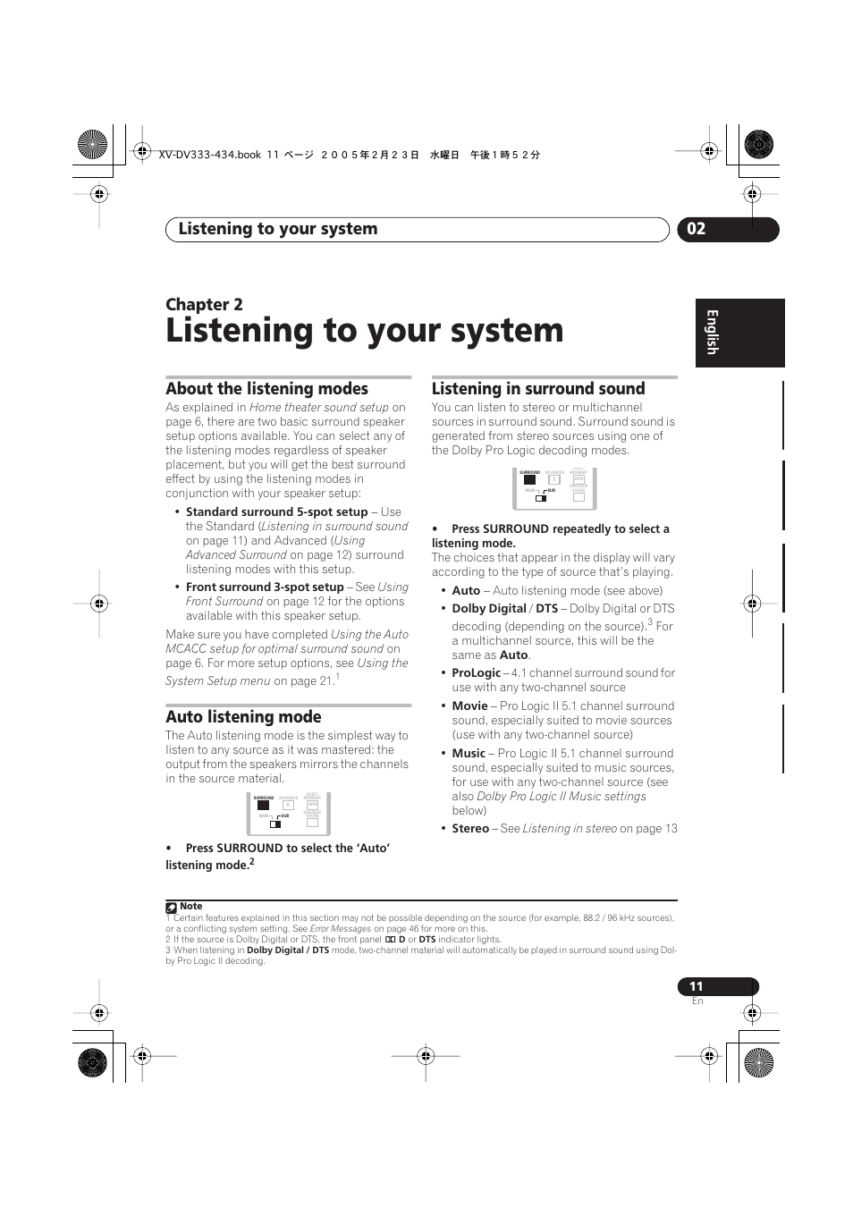 Listening to your system, Listening to your system 02, Chapter 2 | About the listening modes, Auto listening mode, Listening in surround sound | Pioneer S-DV434ST User Manual | Page 11 / 102