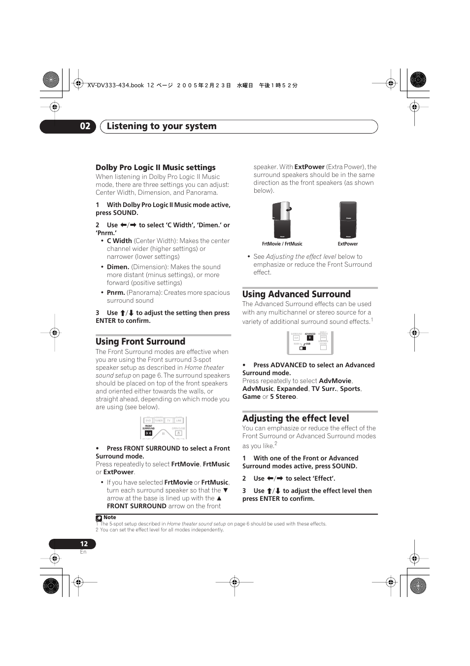 Listening to your system 02, Using front surround, Using advanced surround | Adjusting the effect level, Dolby pro logic ii music settings | Pioneer S-DV434ST User Manual | Page 12 / 102