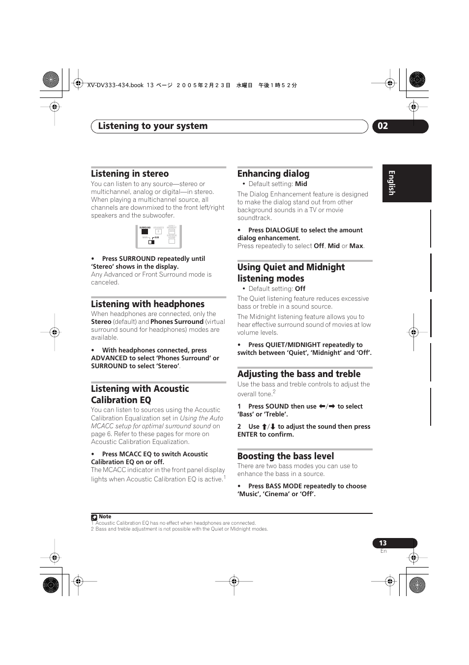 Listening to your system 02, Listening in stereo, Listening with headphones | Listening with acoustic calibration eq, Enhancing dialog, Using quiet and midnight listening modes, Adjusting the bass and treble, Boosting the bass level | Pioneer S-DV434ST User Manual | Page 13 / 102