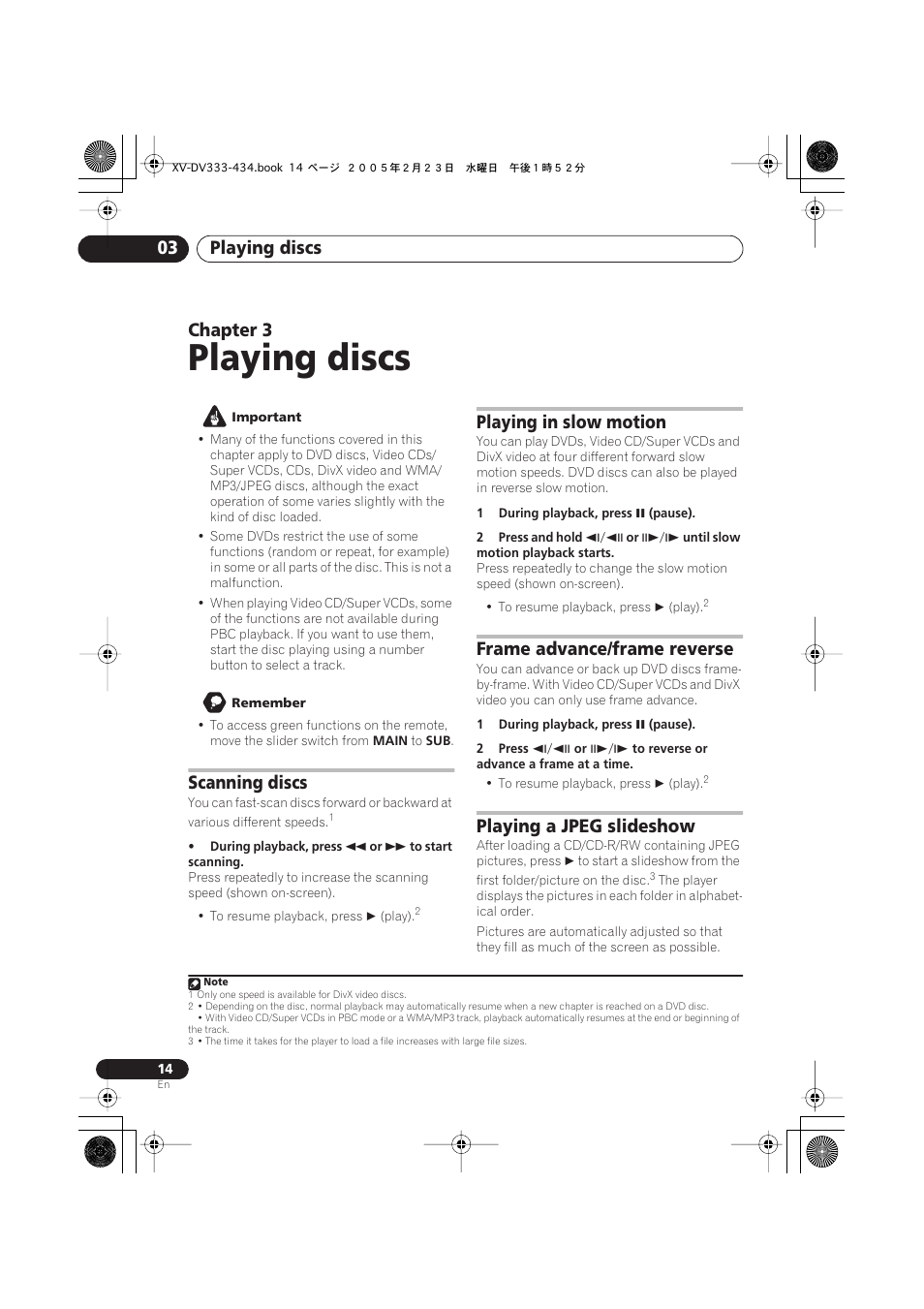 Playing discs, Playing discs 03, Chapter 3 | Scanning discs, Playing in slow motion, Frame advance/frame reverse, Playing a jpeg slideshow | Pioneer S-DV434ST User Manual | Page 14 / 102