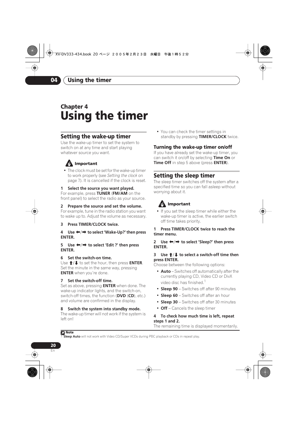 Using the timer, Using the timer 04, Chapter 4 | Setting the wake-up timer, Setting the sleep timer | Pioneer S-DV434ST User Manual | Page 20 / 102