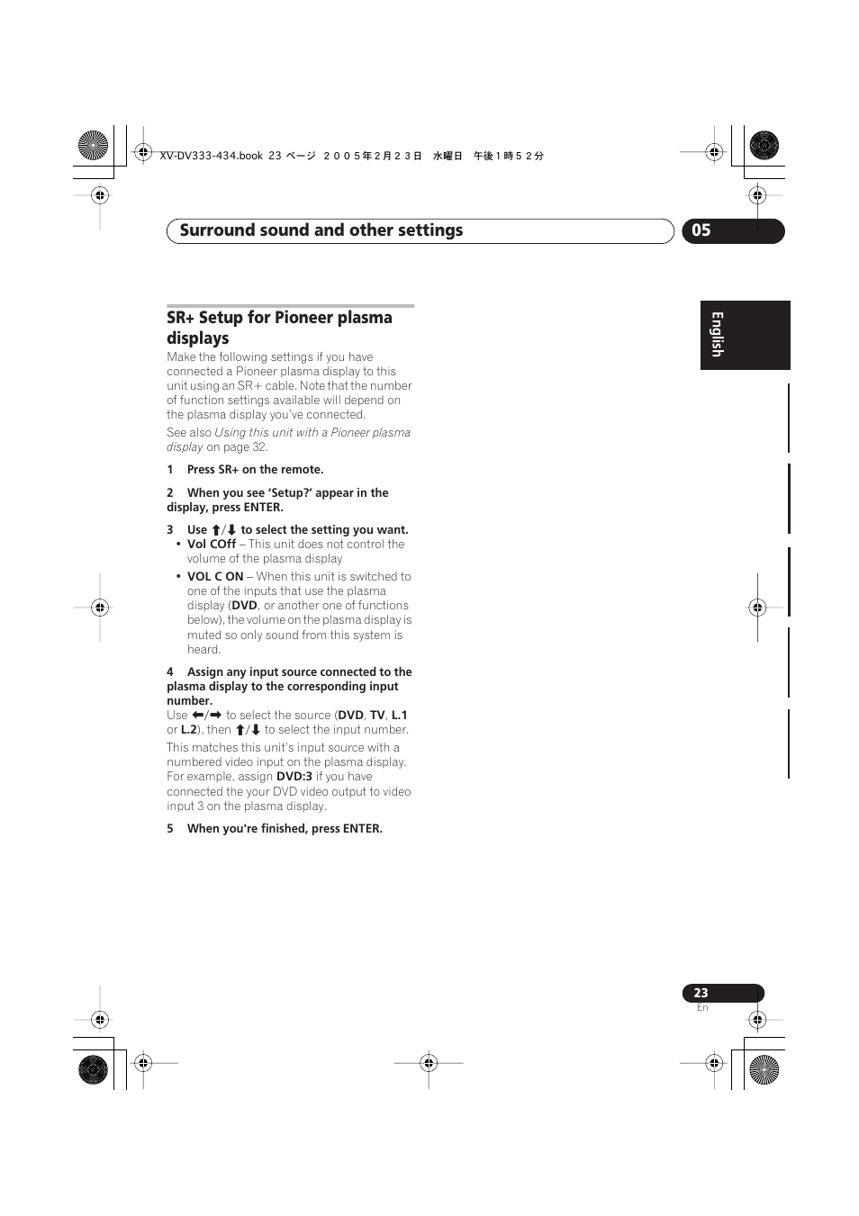 Surround sound and other settings 05, Sr+ setup for pioneer plasma displays | Pioneer S-DV434ST User Manual | Page 23 / 102