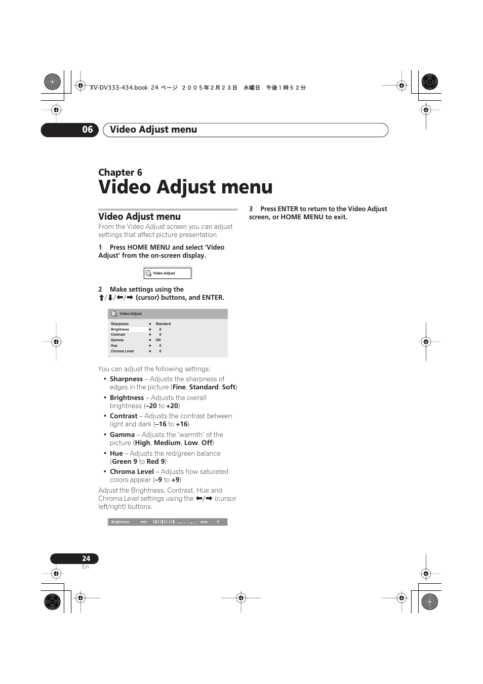 Video adjust menu, Video adjust menu 06, Chapter 6 | Pioneer S-DV434ST User Manual | Page 24 / 102