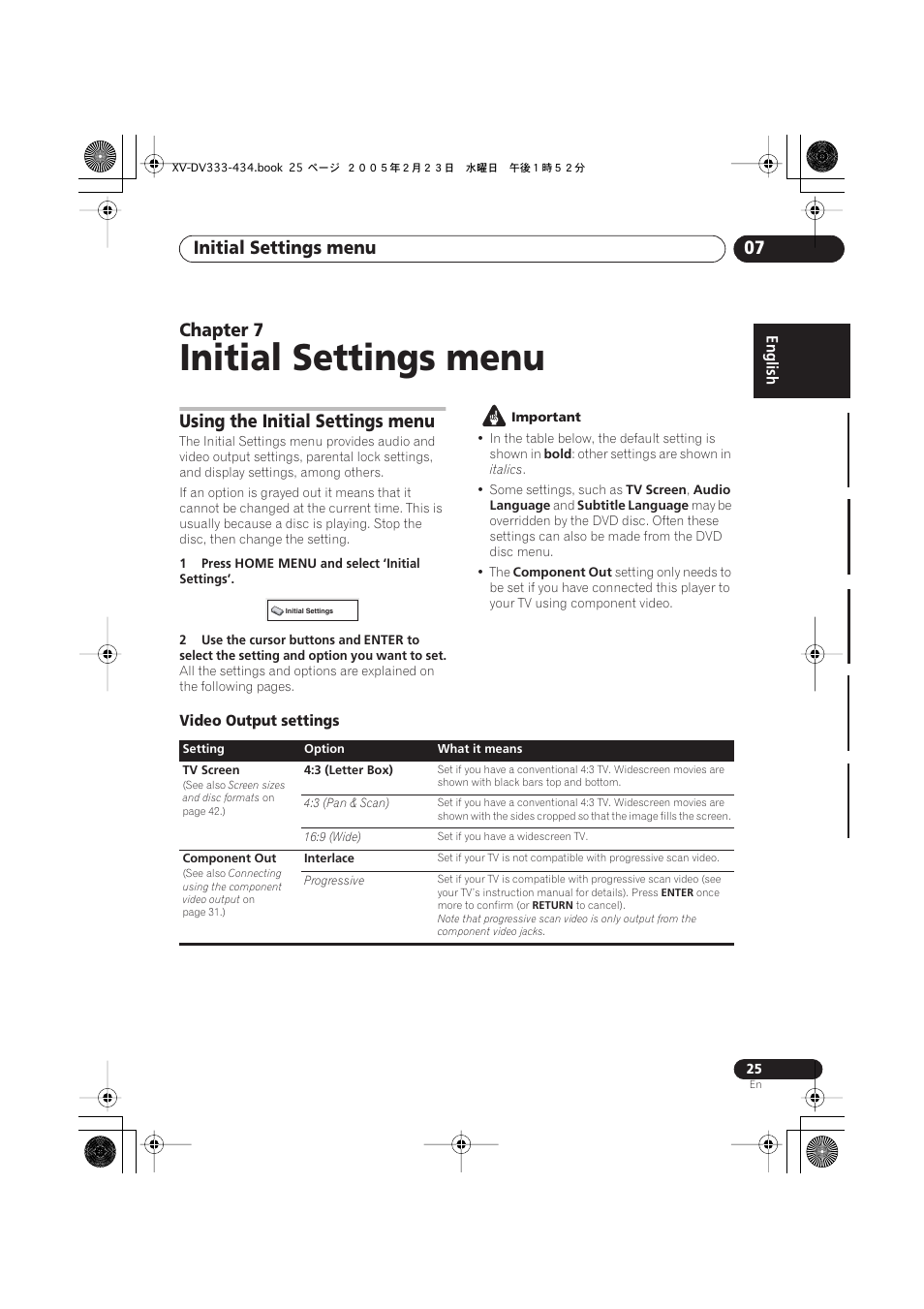 07 initial settings menu, Using the initial settings menu, Video output settings | Initial settings menu, Initial settings menu 07, Chapter 7 | Pioneer S-DV434ST User Manual | Page 25 / 102