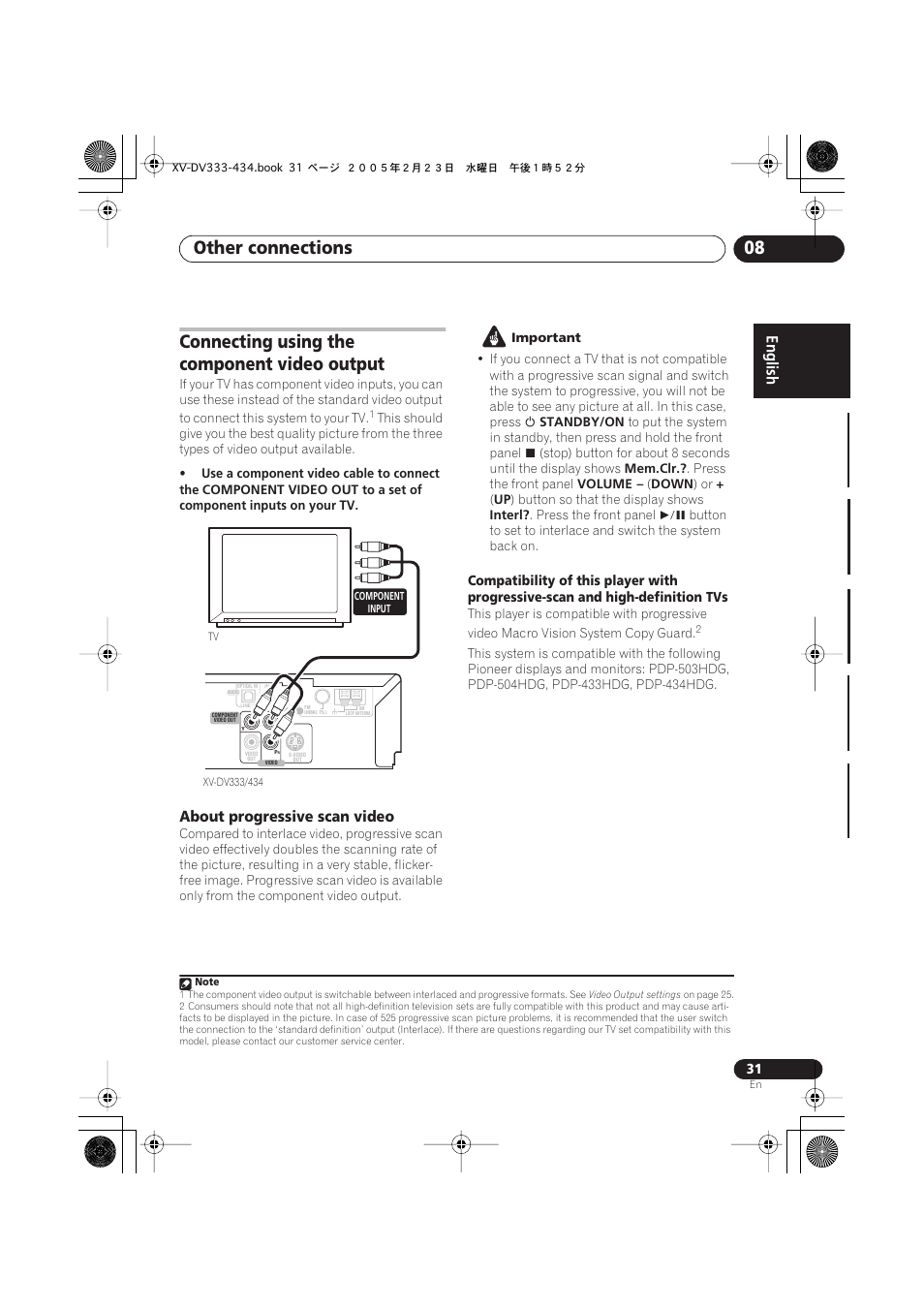 Connecting using the component video output, About progressive scan video, Other connections 08 | Pioneer S-DV434ST User Manual | Page 31 / 102