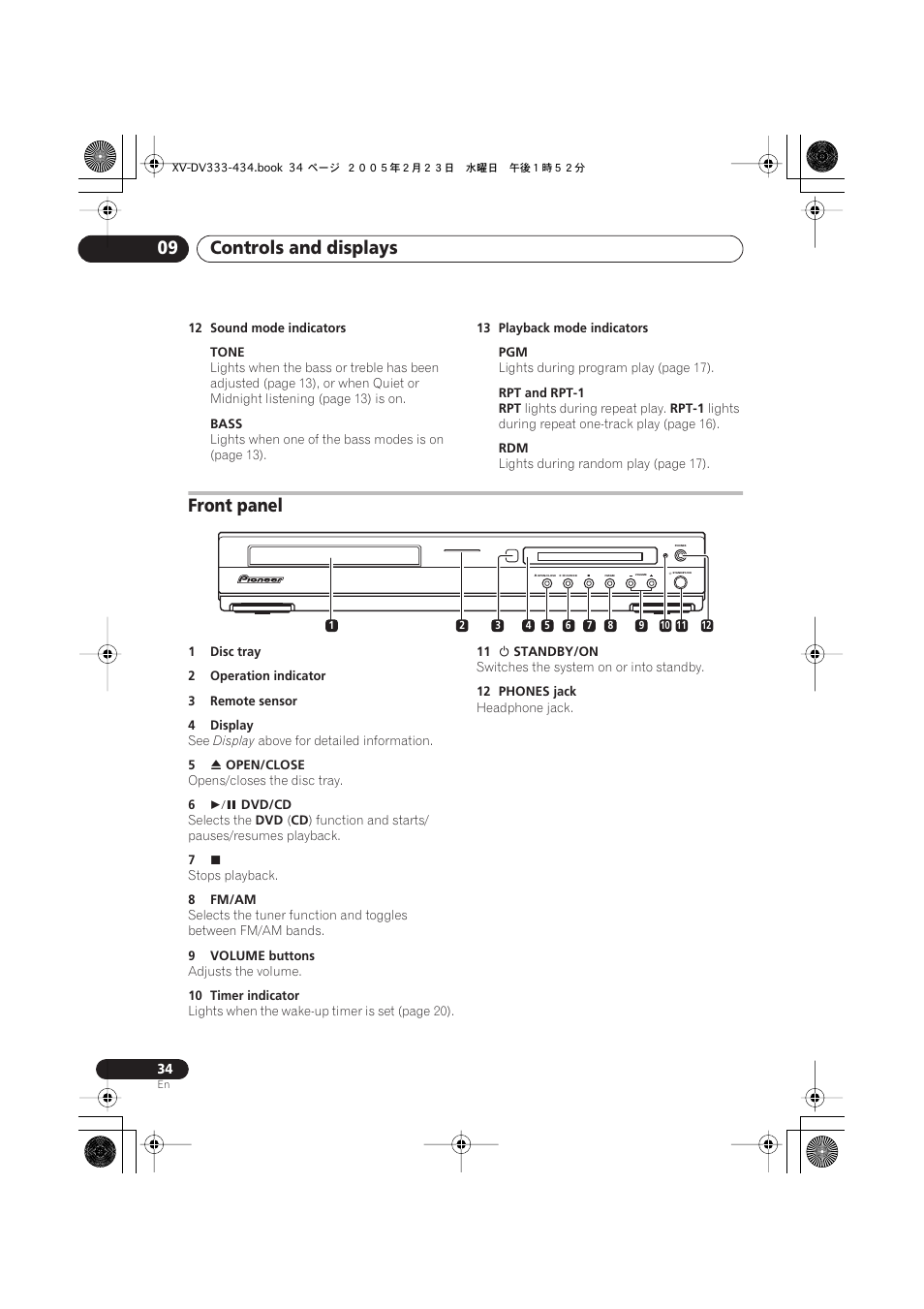 Front panel, Controls and displays 09 | Pioneer S-DV434ST User Manual | Page 34 / 102