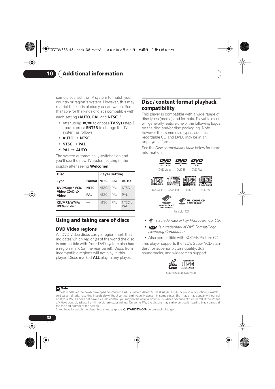 Using and taking care of discs, Dvd video regions, Disc / content format playback compatibility | Additional information 10 | Pioneer S-DV434ST User Manual | Page 38 / 102