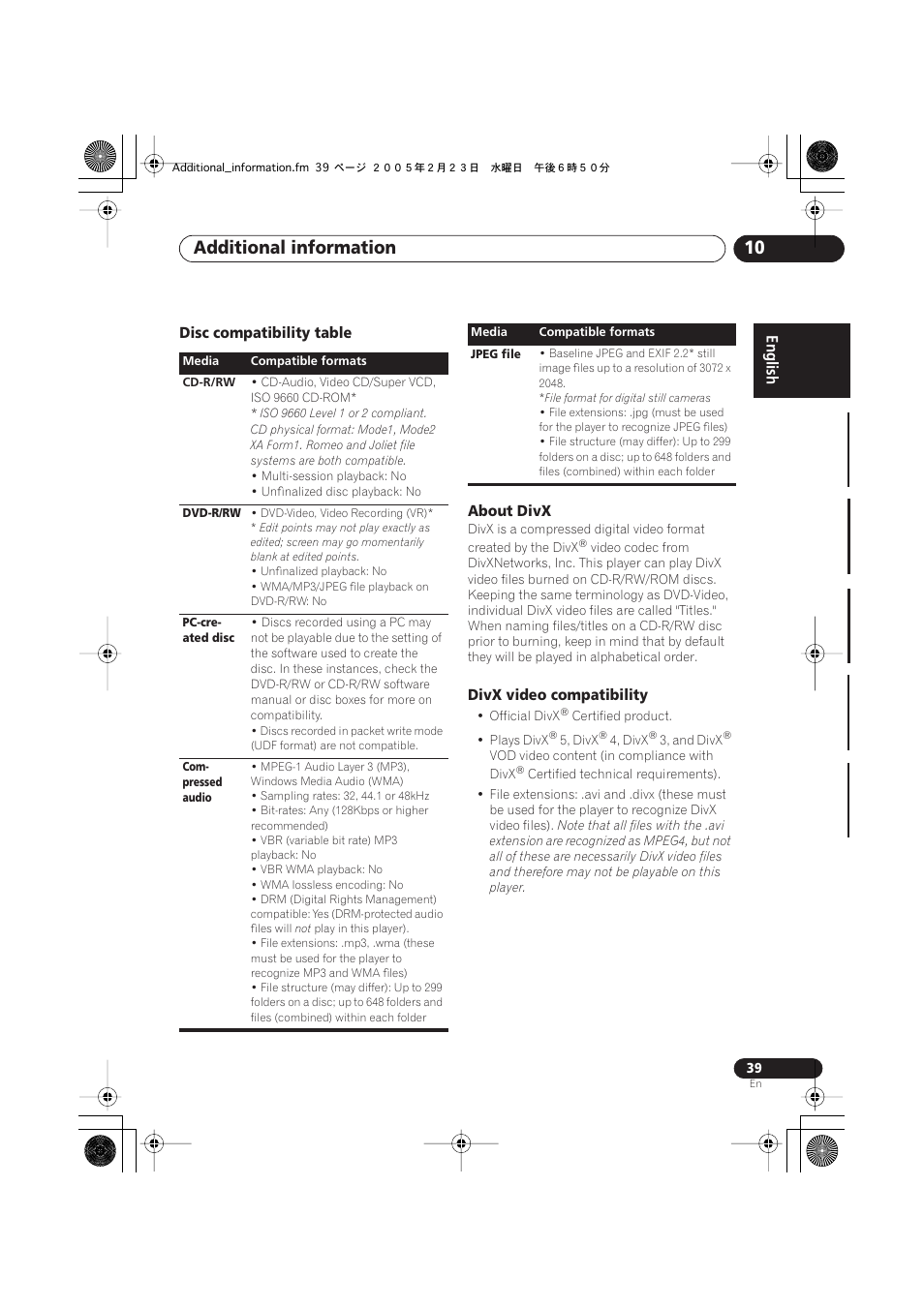 Disc compatibility table, About divx, Divx video compatibility | Additional information 10 | Pioneer S-DV434ST User Manual | Page 39 / 102