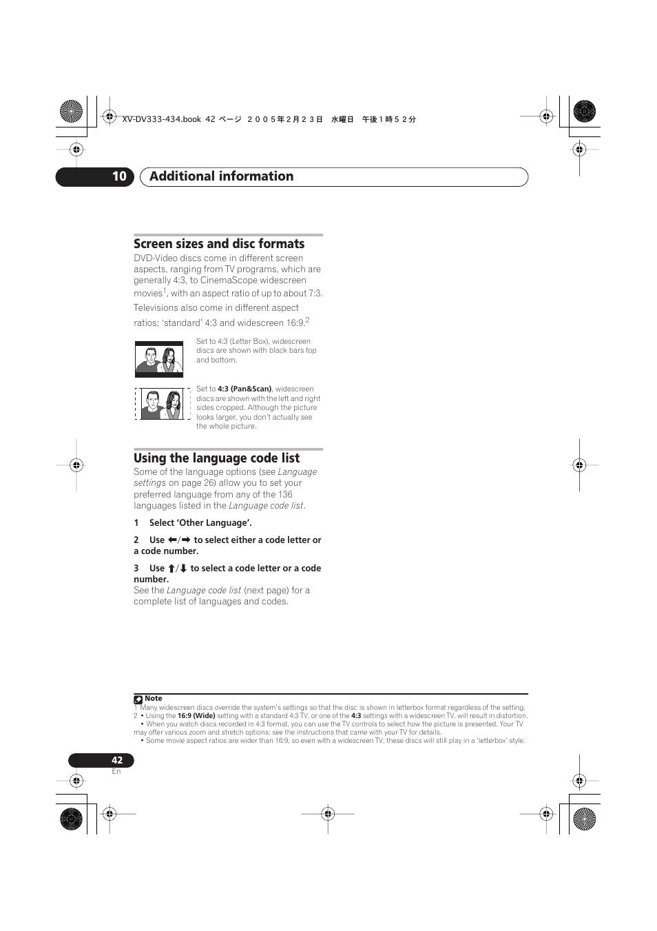 Screen sizes and disc formats, Using the language code list, Additional information 10 | Pioneer S-DV434ST User Manual | Page 42 / 102