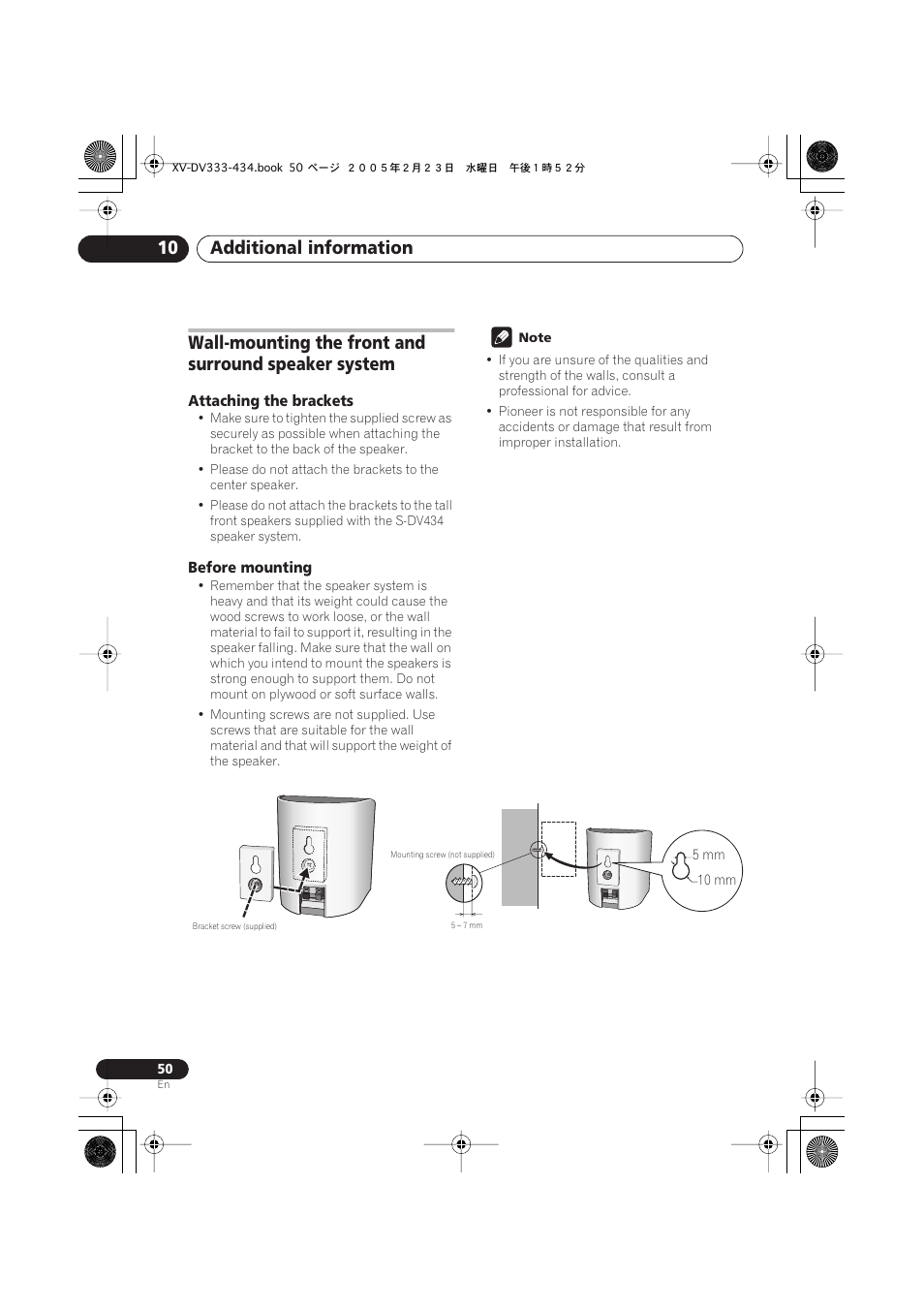 Attaching the brackets, Before mounting, Additional information 10 | Pioneer S-DV434ST User Manual | Page 50 / 102