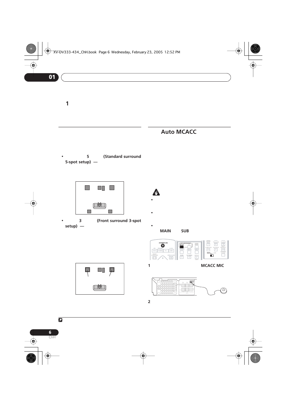 Auto mcacc, Standard surround 5-spot setup), Front surround 3-spot setup) | Main, Mcacc mic | Pioneer S-DV434ST User Manual | Page 56 / 102