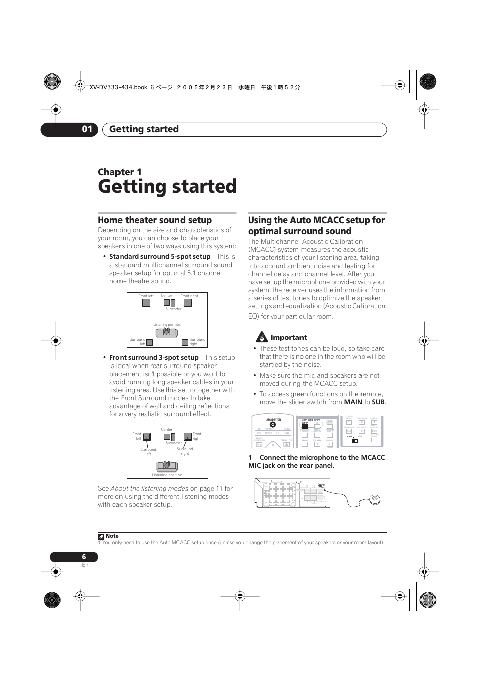 Getting started, Getting started 01, Chapter 1 | Home theater sound setup, Standard surround 5-spot setup, Front surround 3-spot setup, About the listening modes, Important, Main | Pioneer S-DV434ST User Manual | Page 6 / 102